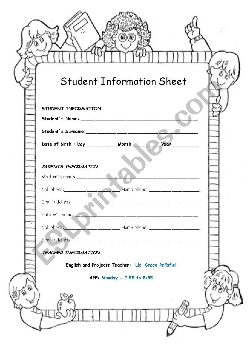 STUDENT INFORMATION SHEET ESL Worksheet By Pogd