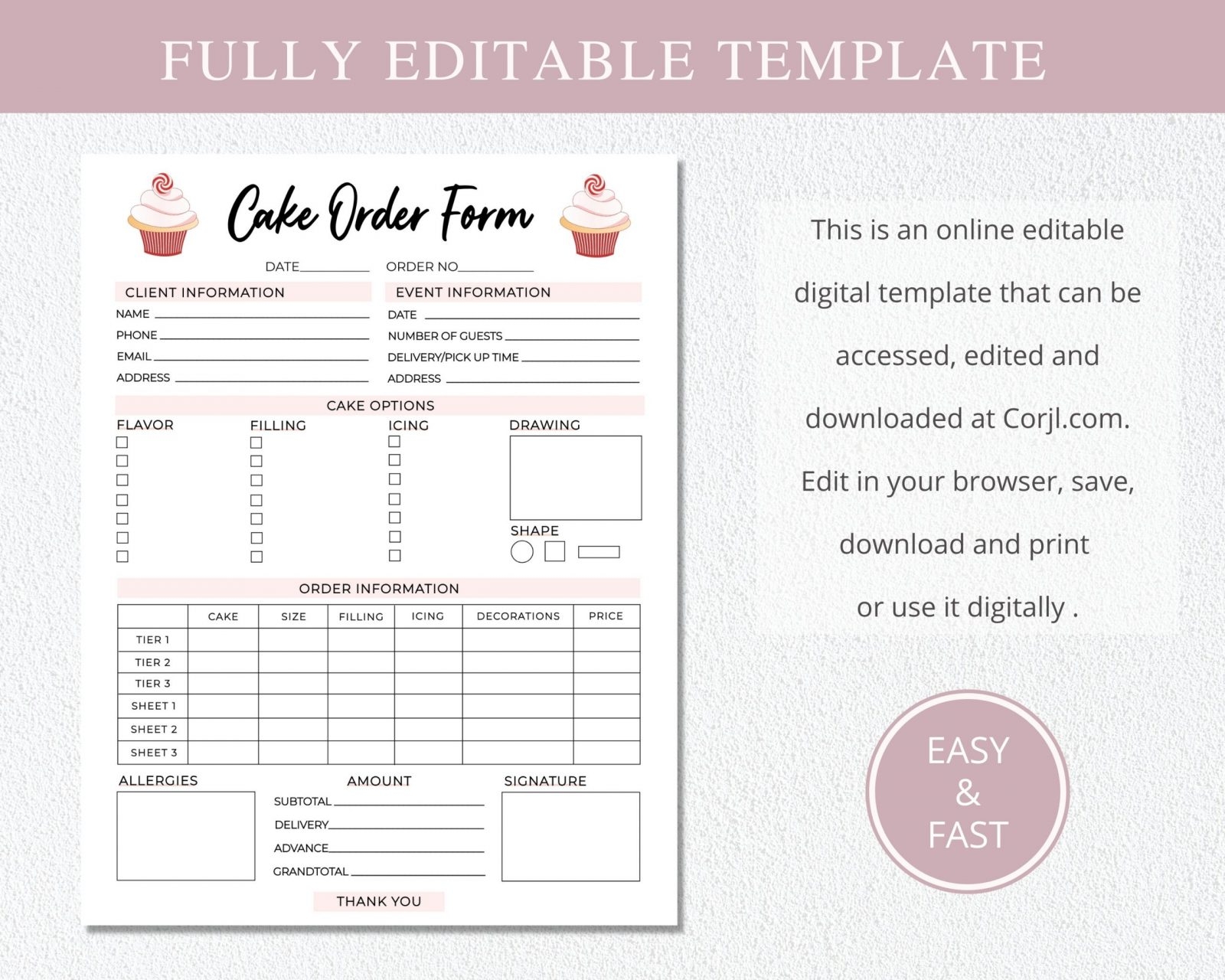 SunRayArt Designs Custom Order Form Template Editable Forms