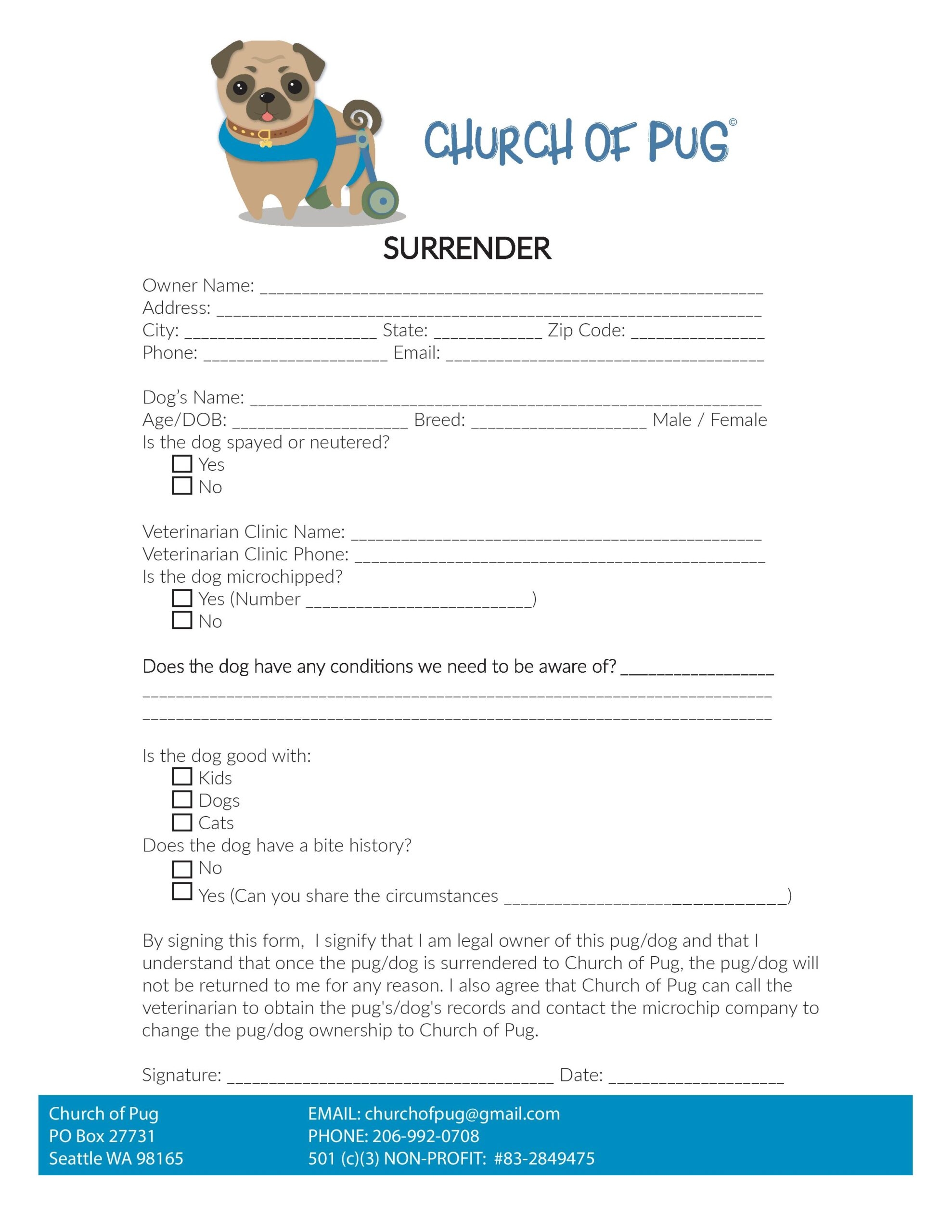 Surrender Form Printable Church Of Pug