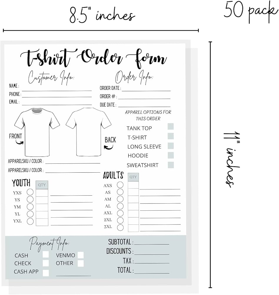 T Shirt Customized Order Form Hoodie Template Business Invoice 75 Pack 8 5 X 11 Inch Logbook Printable For Small Business New Orders Vinyl Stickers Sublimation Amazon de Stationery Office Supplies