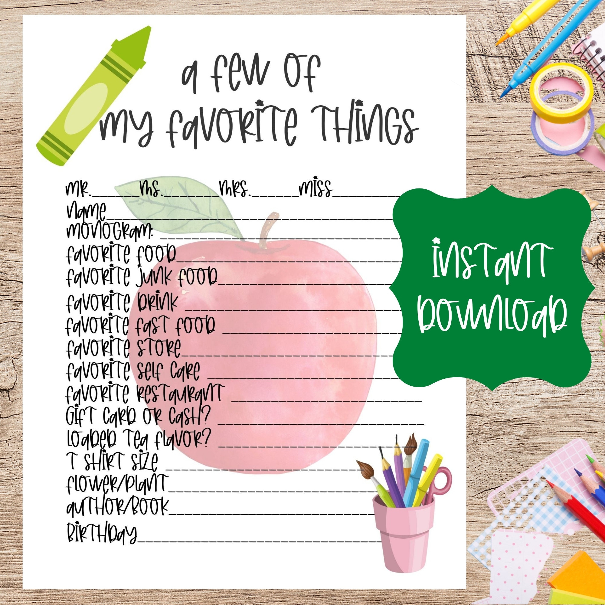 Teacher Favorite Things Form teacher Appreciation Gift teacher s Favorite Things Back To School Instant Download Survey Etsy