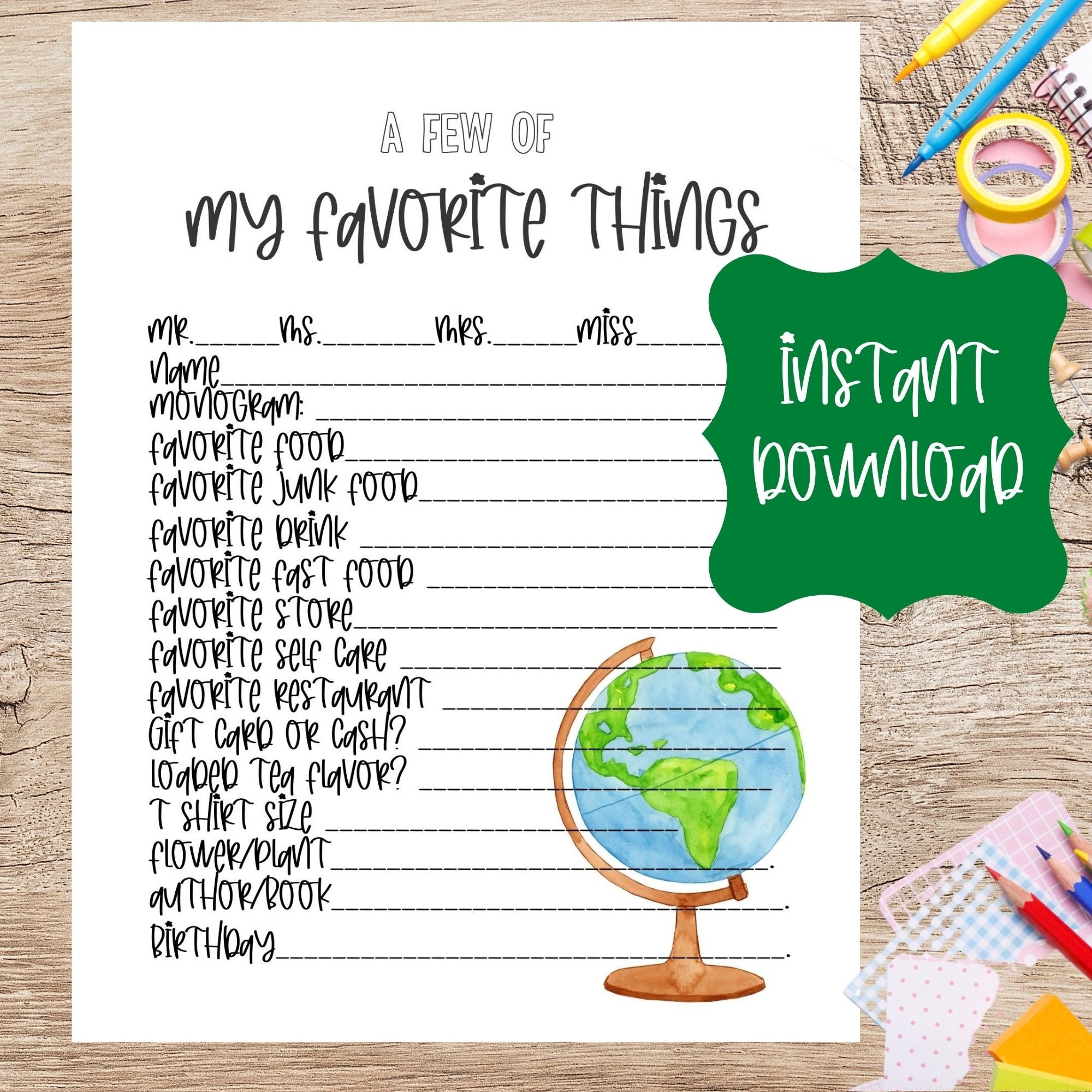 Teacher Favorite Things Printable Teacher Appreciation Week Questionnaire Teacher Survey For Teacher Gift Etsy Finland