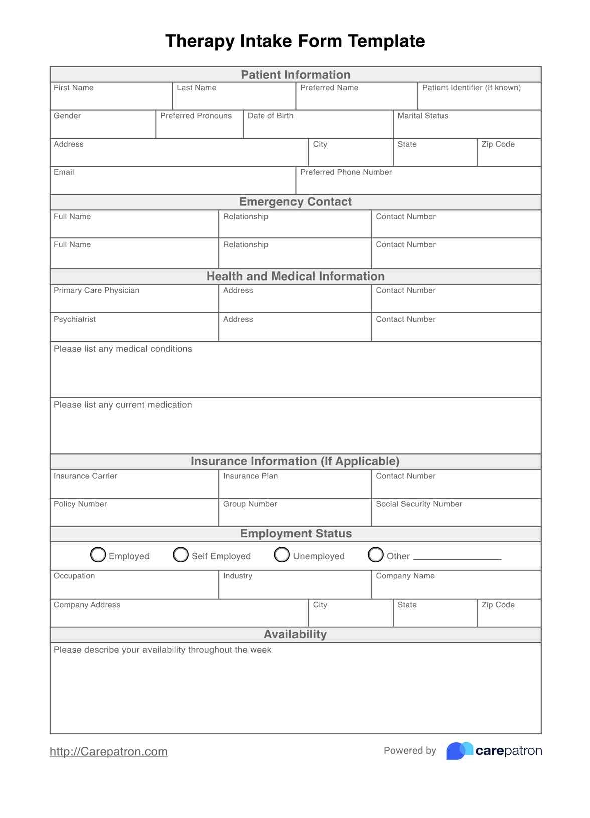 Therapy Intake Form Template Free PDF Download