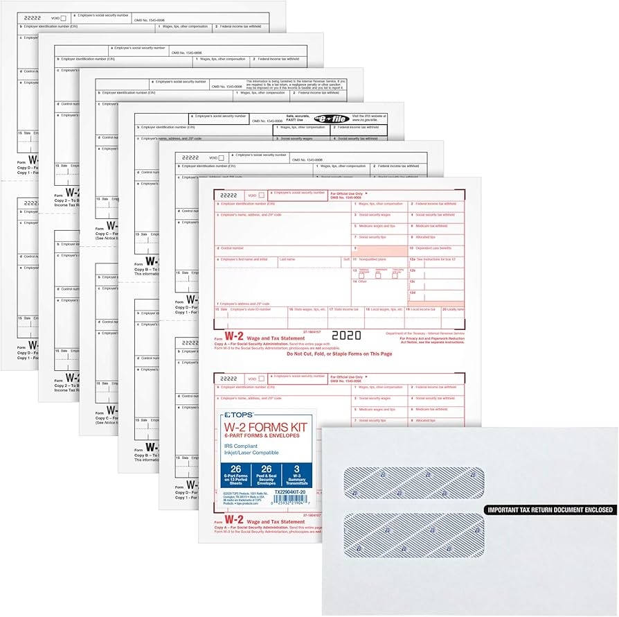 TOPS W2 Forms 2020 Tax Form Set For 26 Employees 6 Piece W2 Tax Form Sets With Self Adhesive W2 Envelopes Includes 3 W3 Shapes TX22904KIT 20 Amazon de Stationery Office Supplies
