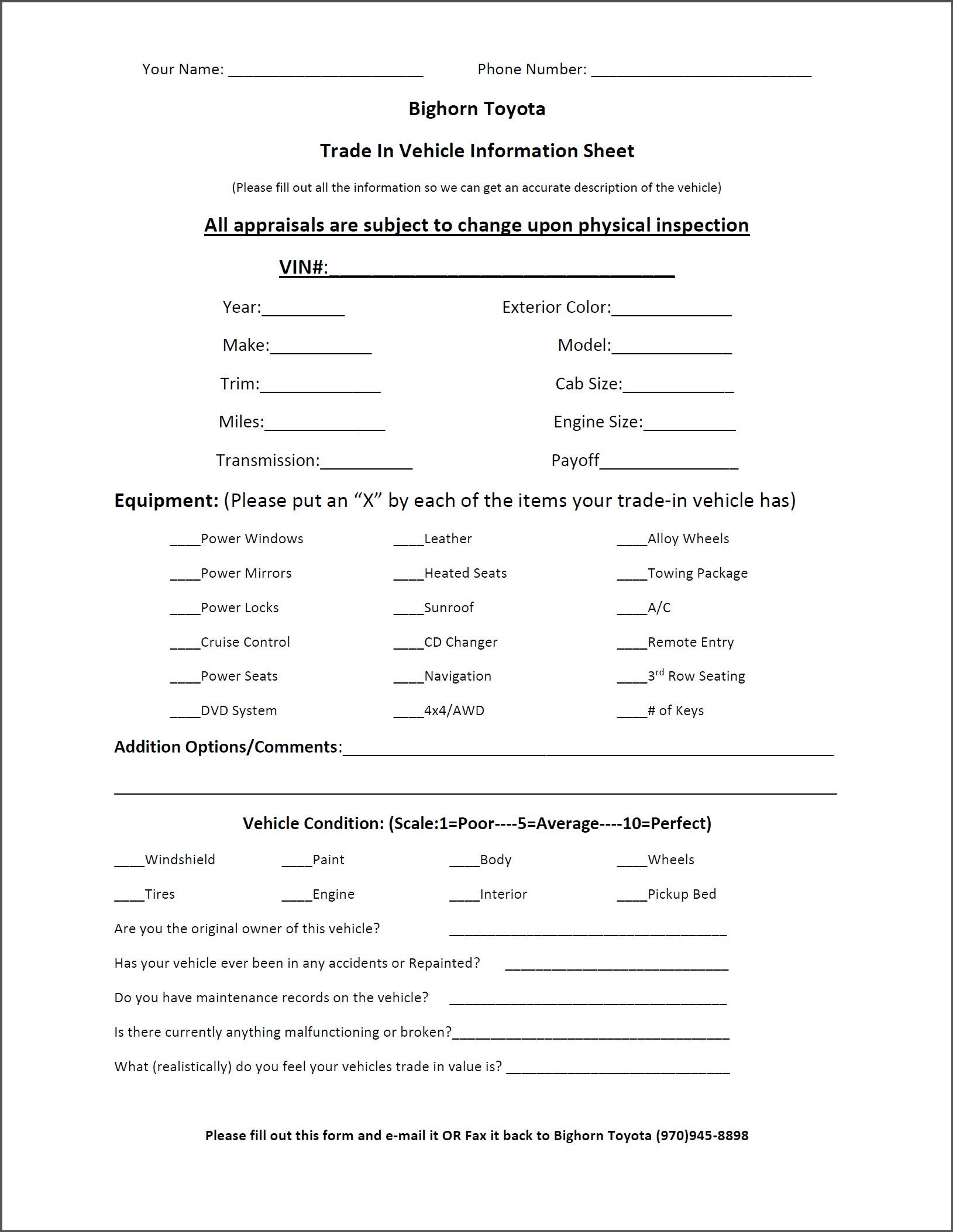 Trade Appraisal Printable Form