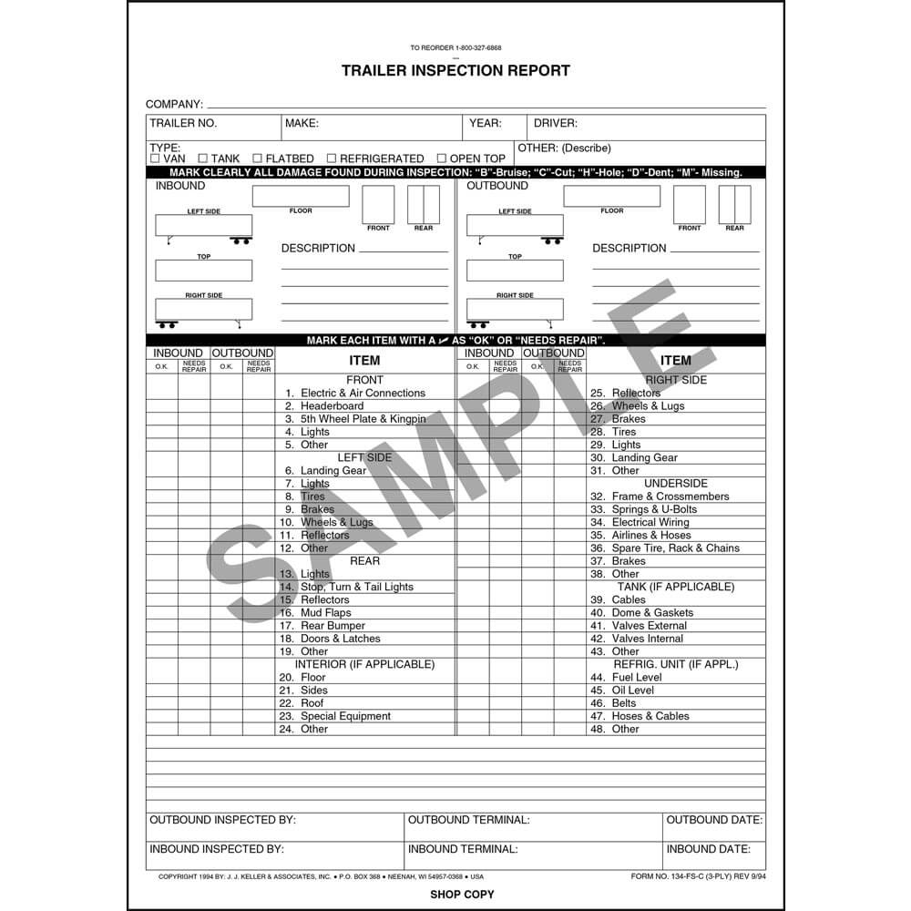 Trailer Inspection Report 3 Ply Snap Out Format Stock Pkg Qty 250 American Pride