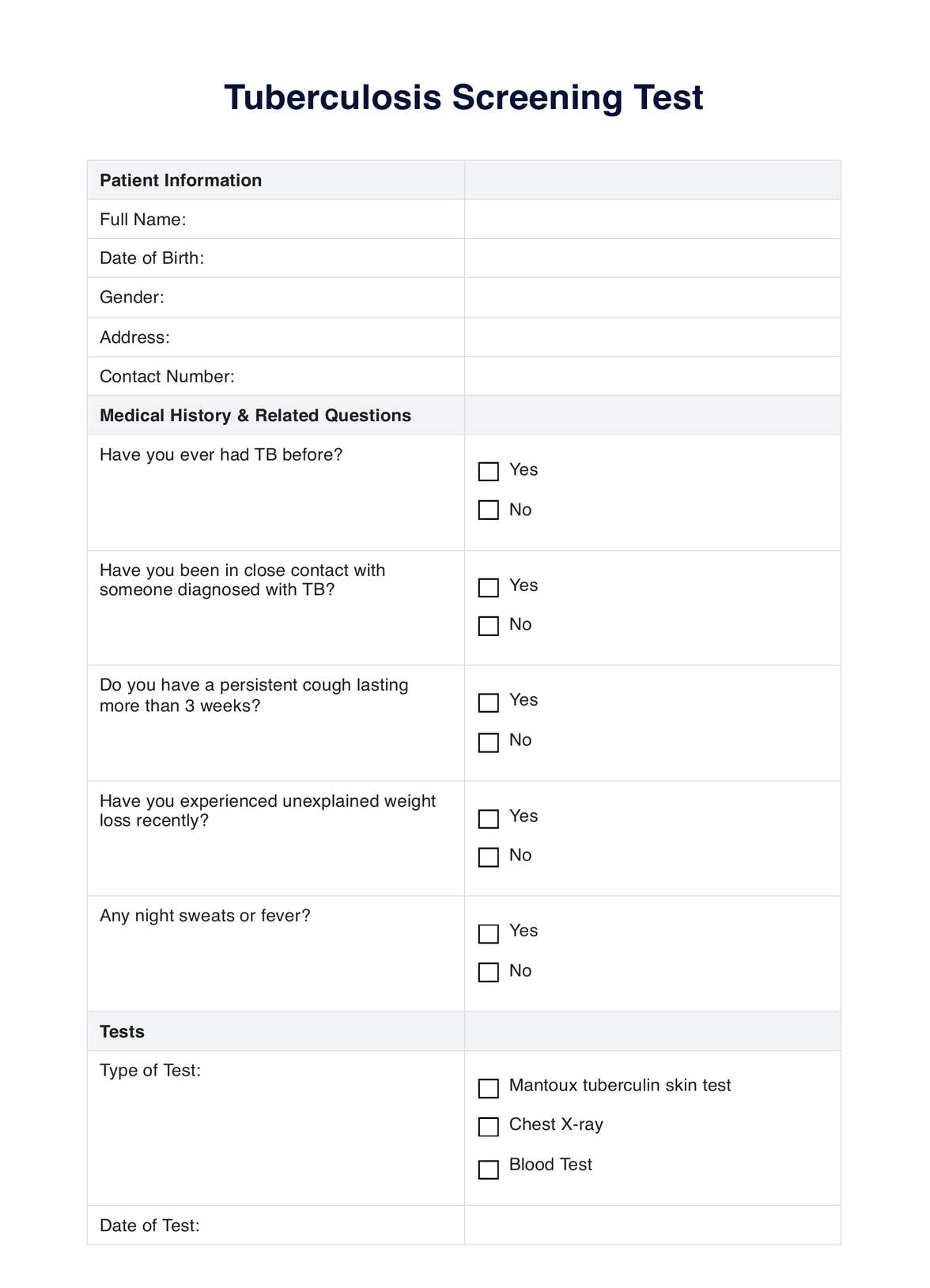 Tuberculosis Screening TB Test Example Free PDF Download