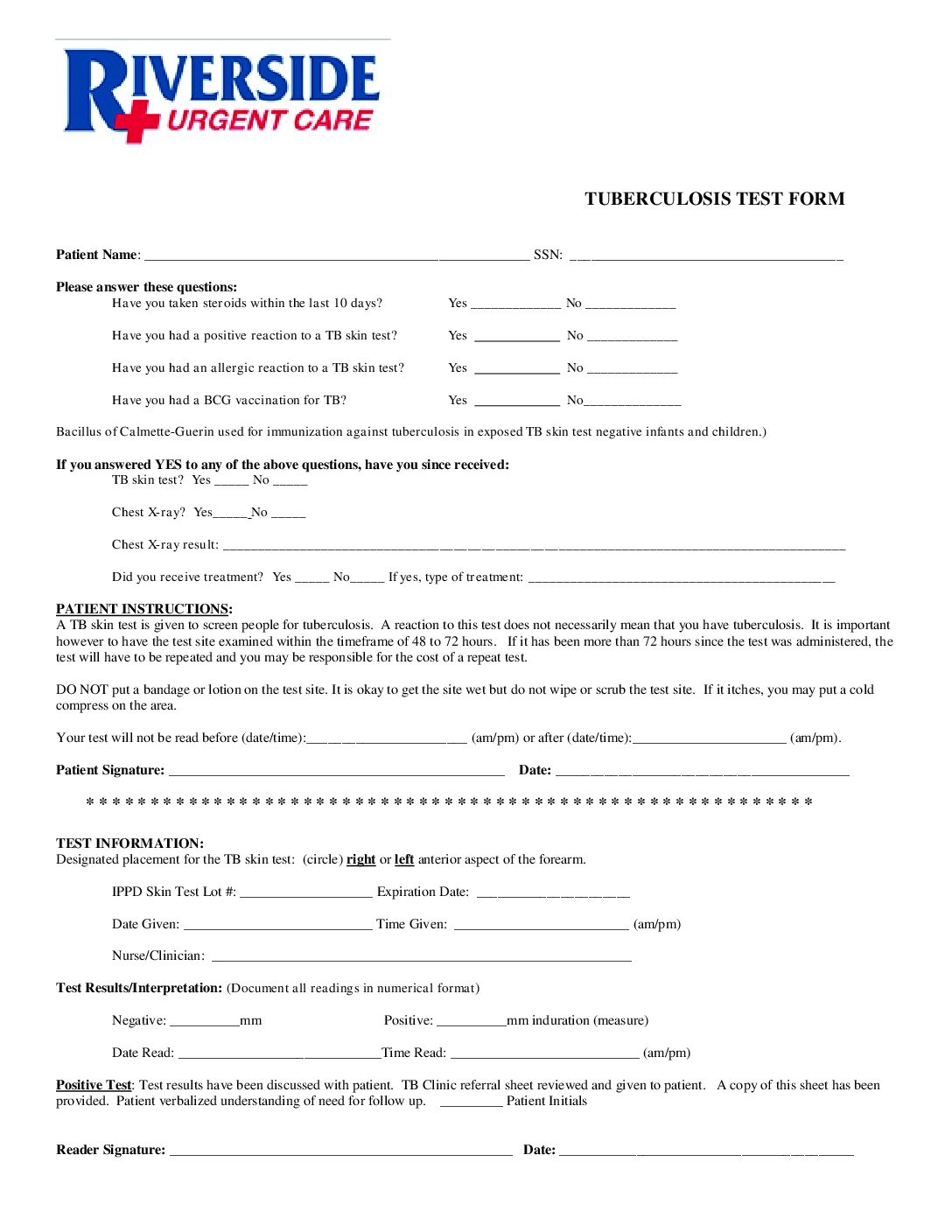 Tuberculosis Test Form Riverside Urgent Care