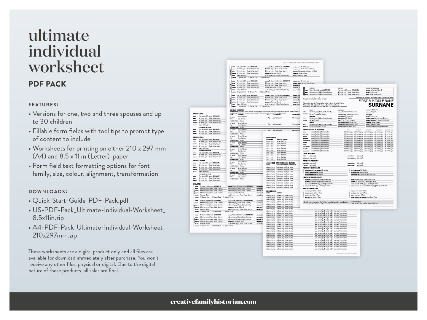 Ultimate Individual Genealogy Worksheet A4 Letter PDF Pack The Creative Family Historian
