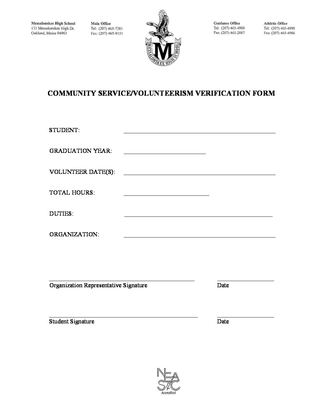 Volunteer Verification Form Messalonskee High