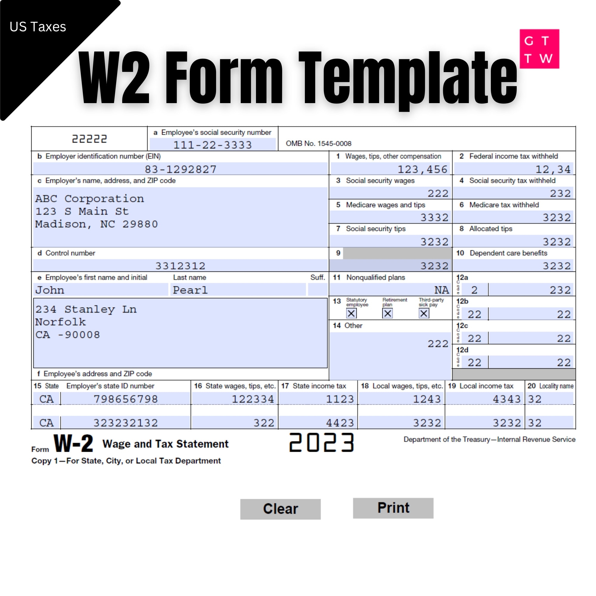 W2 Form IRS 2024 2023 Fillable PDF With Print And Clear Buttons Generate W2 Quickly Digital Download Etsy
