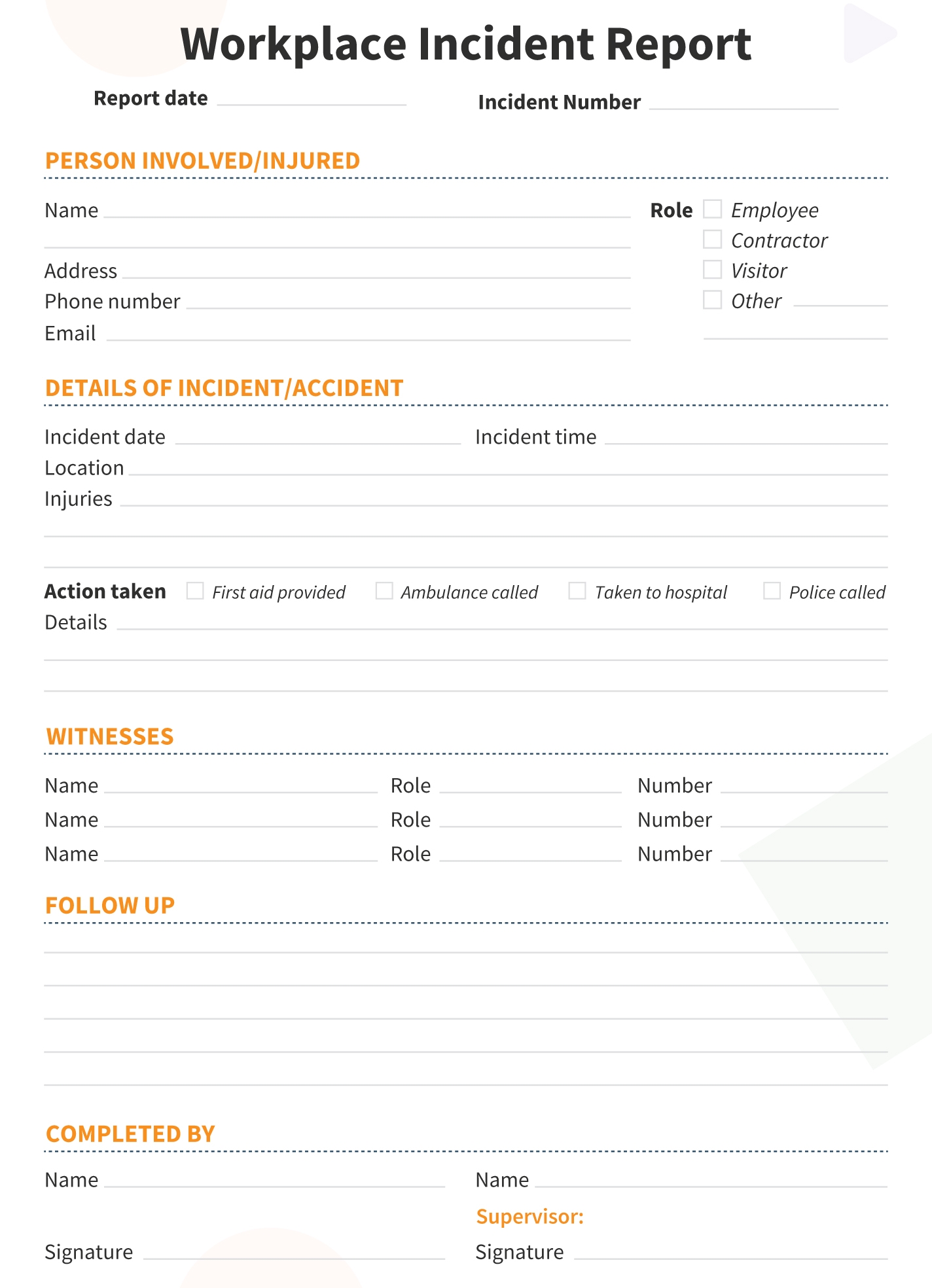Printable Incident Report Form